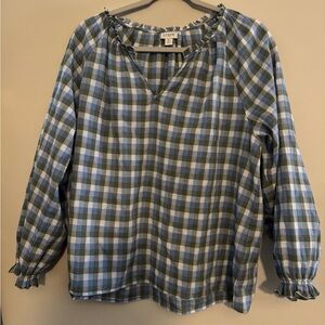 J. Crew Blue and White Checkered Ruffle Blouse